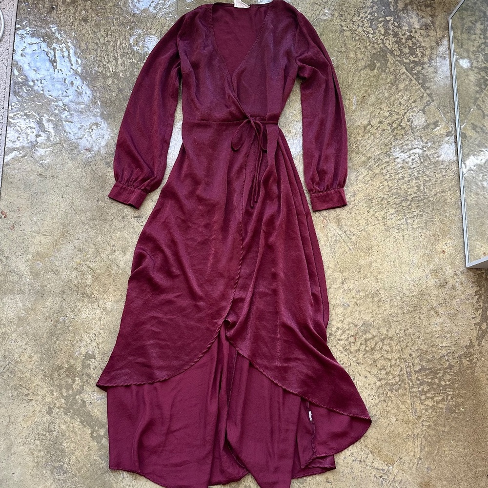 Lost + Wander satin long sleeve wrap maxi dress